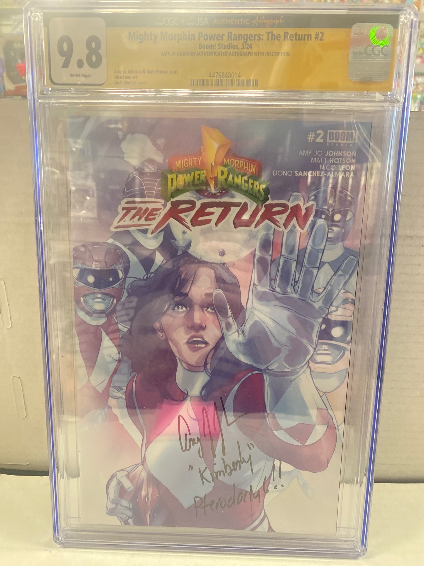 BOOM STUDIOS MIGHTY MORPHIN POWER RANGERS THE RETURN #2 (2024) AMY JO JOHNSON AUTHENTICATED AUTOGRAPH WITH INSCRIPTION CGC X JSA 9.8 WP
