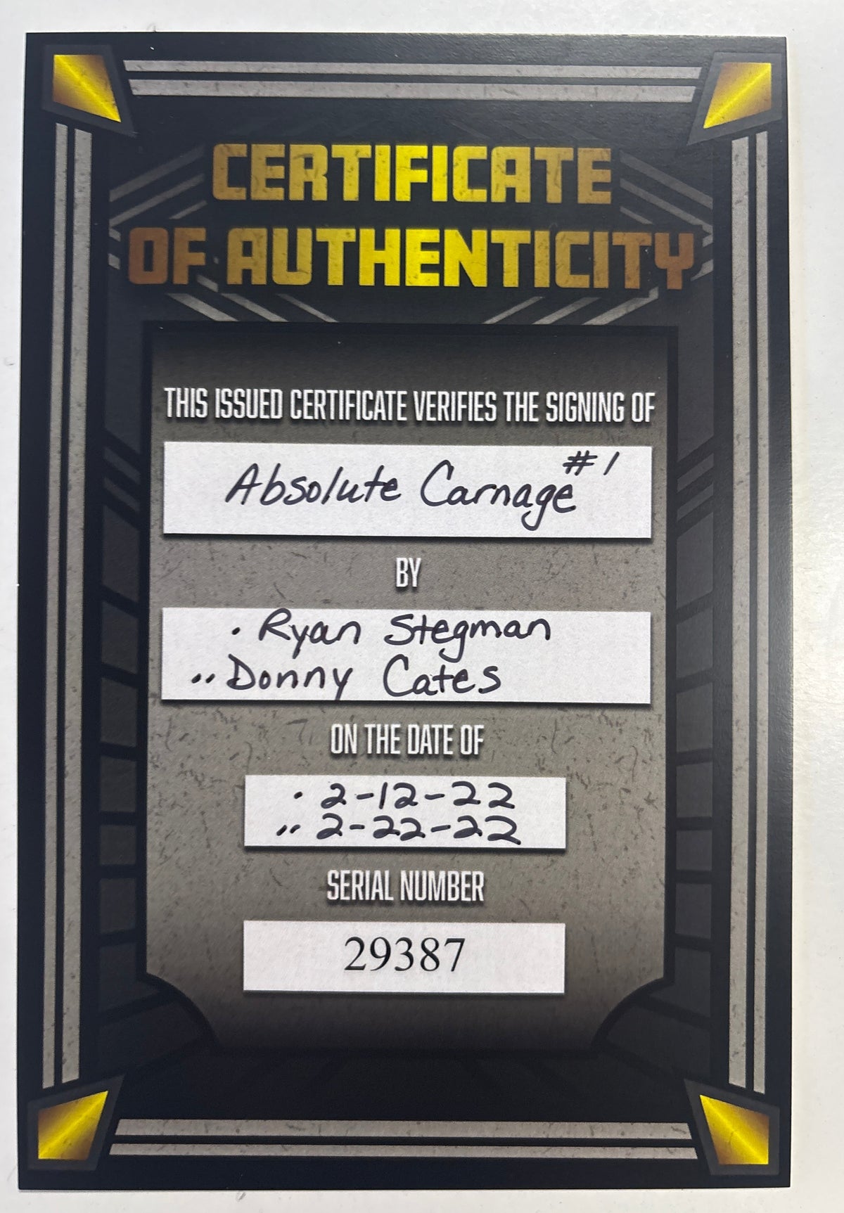 MARVEL COMICS ABSOLUTE CARANAGE #1 SIGNED BY RYAN STEGMAN & DONNY CATES WITH CERTIFICATE OF AUTHENTICITY