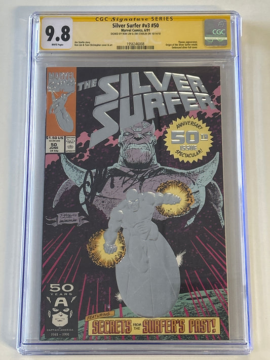 MARVEL COMICS SILVER SURFER #V3 #50 CGC 9.8 SIGNED BY RON LIM & JIM STARLIN