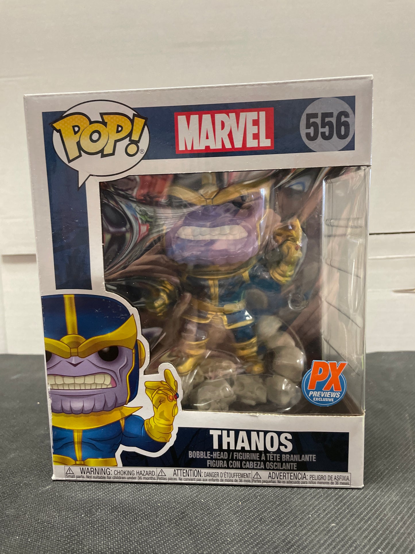 MARVEL FUNKO POP THANOS #556 (2019, CORNER BUMP) PX PREVIEWS EXCLUSIVE