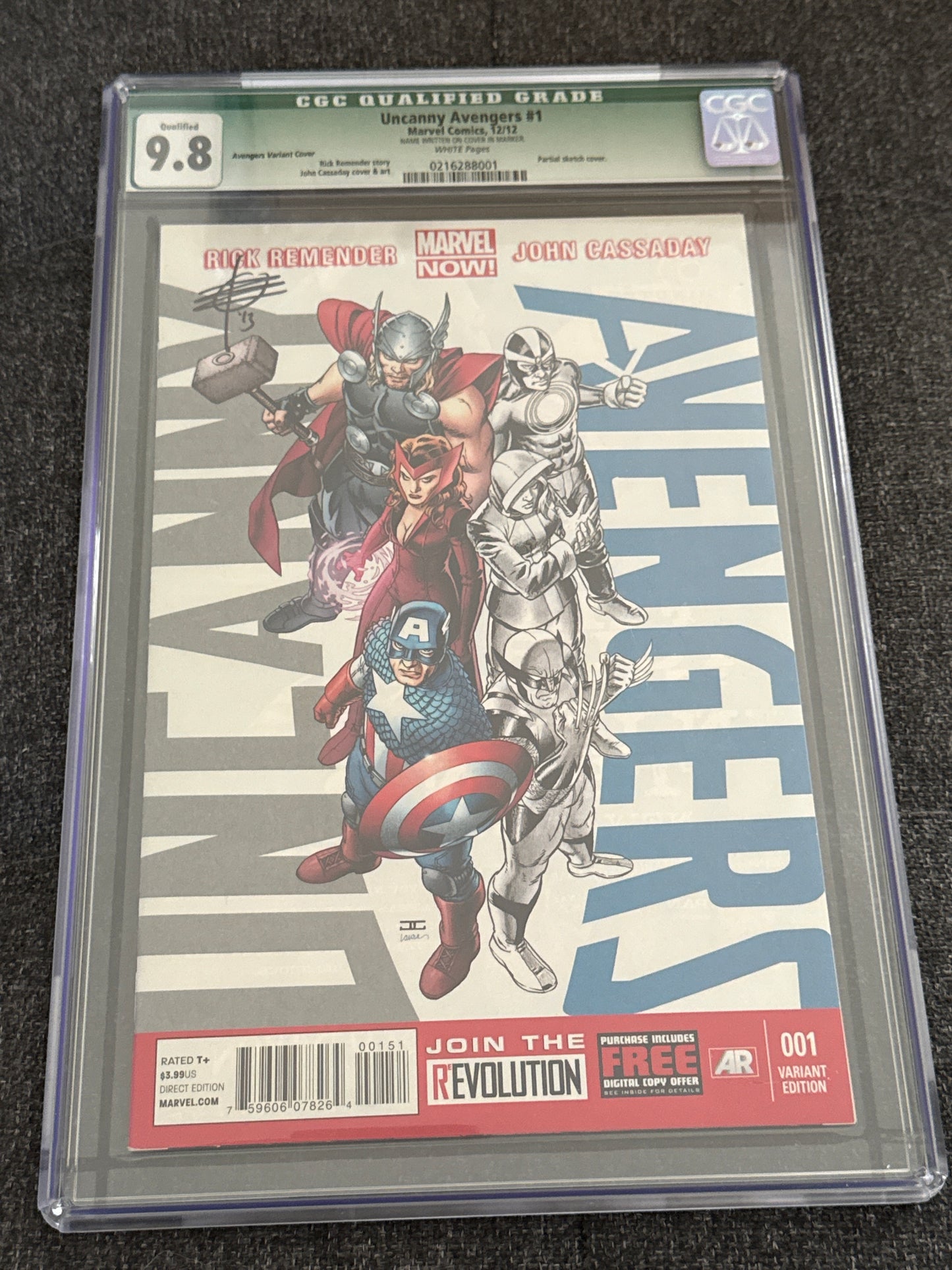MARVEL COMICS UNCANNY AVENGERS #1 PARTIAL SKETCH COVER CGC 9.8 QUALIFIED SIGNED BY RICK REMENDER