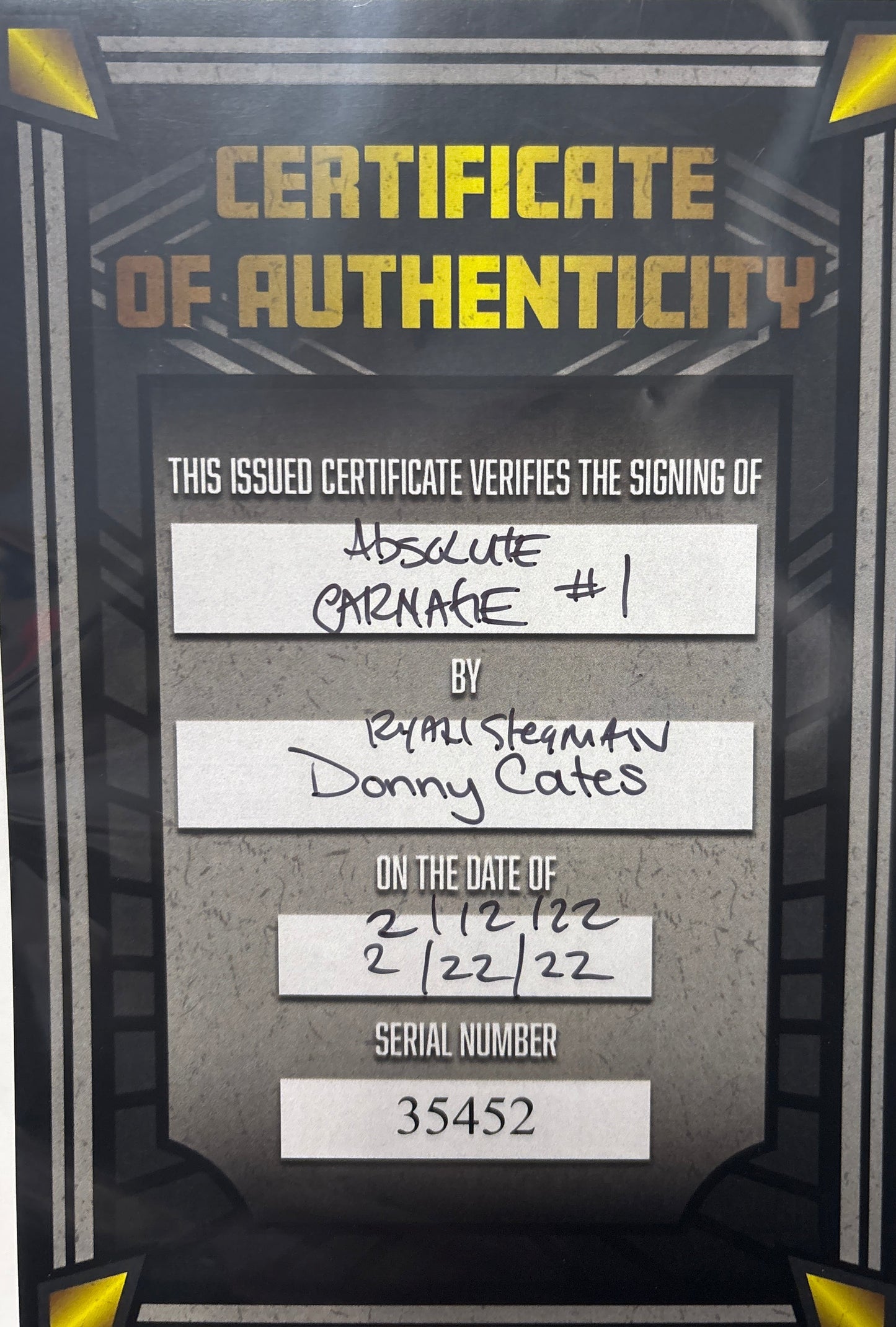 MARVEL ABSOLUTE CARNAGE #1 ARR PRINT SIGNED BY RYAN STEGMAN & DONNY CATES WITH CERTIFICATE OF AUTHENTICITY