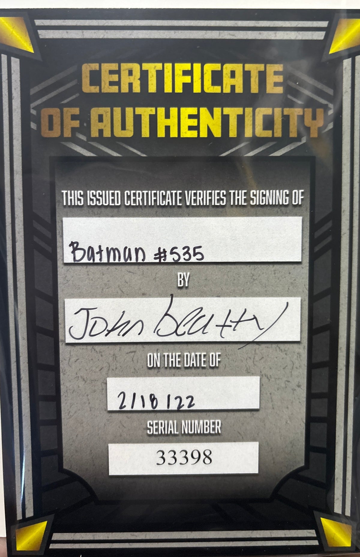 DC BATMAN #1 1/1 SIGNED BY JOHN BEATTY WITH CERTIFICATE OF AUTHENTICITY