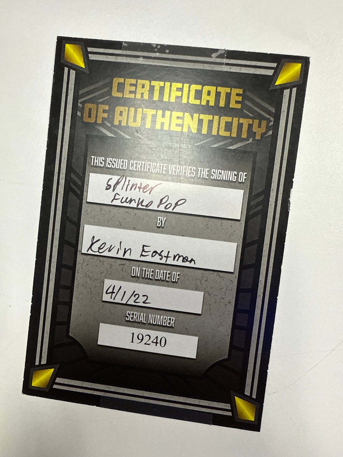 FUNKO POP NICKELODEON TEENAGE MUTANT NINJA TURTLES SPLINTER ART SERIES SIGNED AND REMARKED K EASTMAN WITH CERT