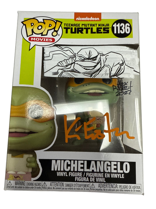 FUNKO POP NICKELODEON TEENAGE MUTANT NINJA TURTLES MICHELANGELO #1136 SIGNED AND REMARKED K EASTMAN ALEX R