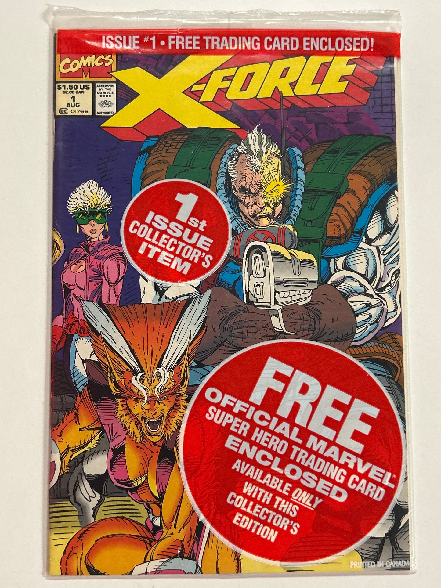 MARVEL COMICS X-FORCE 1 (1991) POLYBAGGED REVERSE CAP UPC WITH DEADPOOL CARD NEAR MINT CONDITION