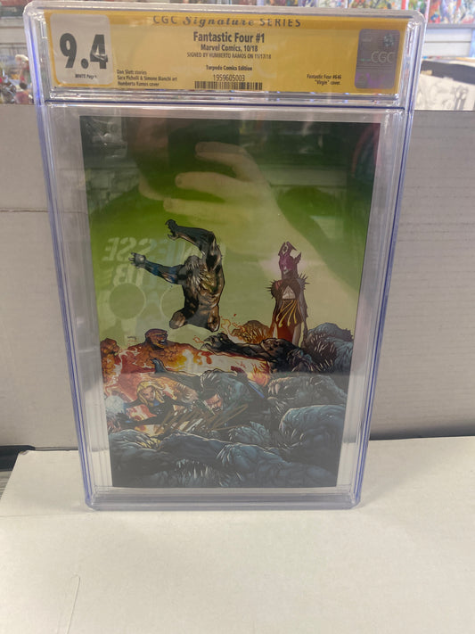 MARVEL COMICS FANTASTIC FOUR #1 (2018) TORPEDO COMICS EDITION SIGNED BY HUMBERTO RAMOS VIRGIN COVER SS CGC 9.4 WP