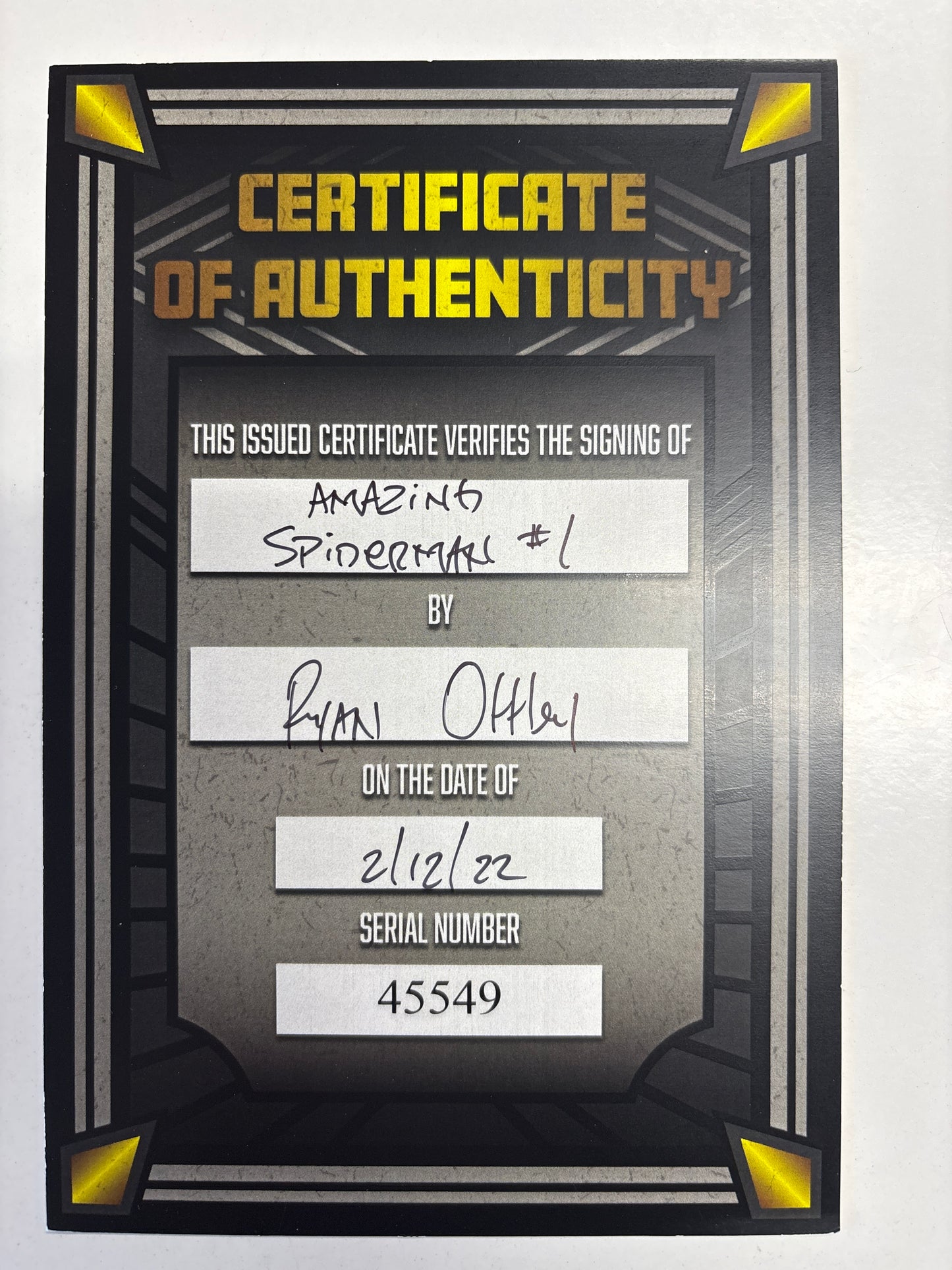 THE AMAZING SPIDER-MAN #1 SIGNED BY RYAN OTTLEY WITH CERTIFICATE OF AUTHENTICITY