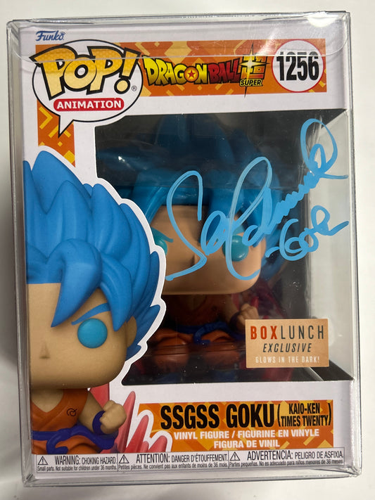 FUNKO POP ANIMATION DRAGON BALL SUPER #1256 SSGSS GOKU (KAIO-KEN TIMES TWENTY) BOXLUNCH GLOW IN THE DARK VINYL FIGURE SIGNED SEAN SCHEMMEL + JSA CERT