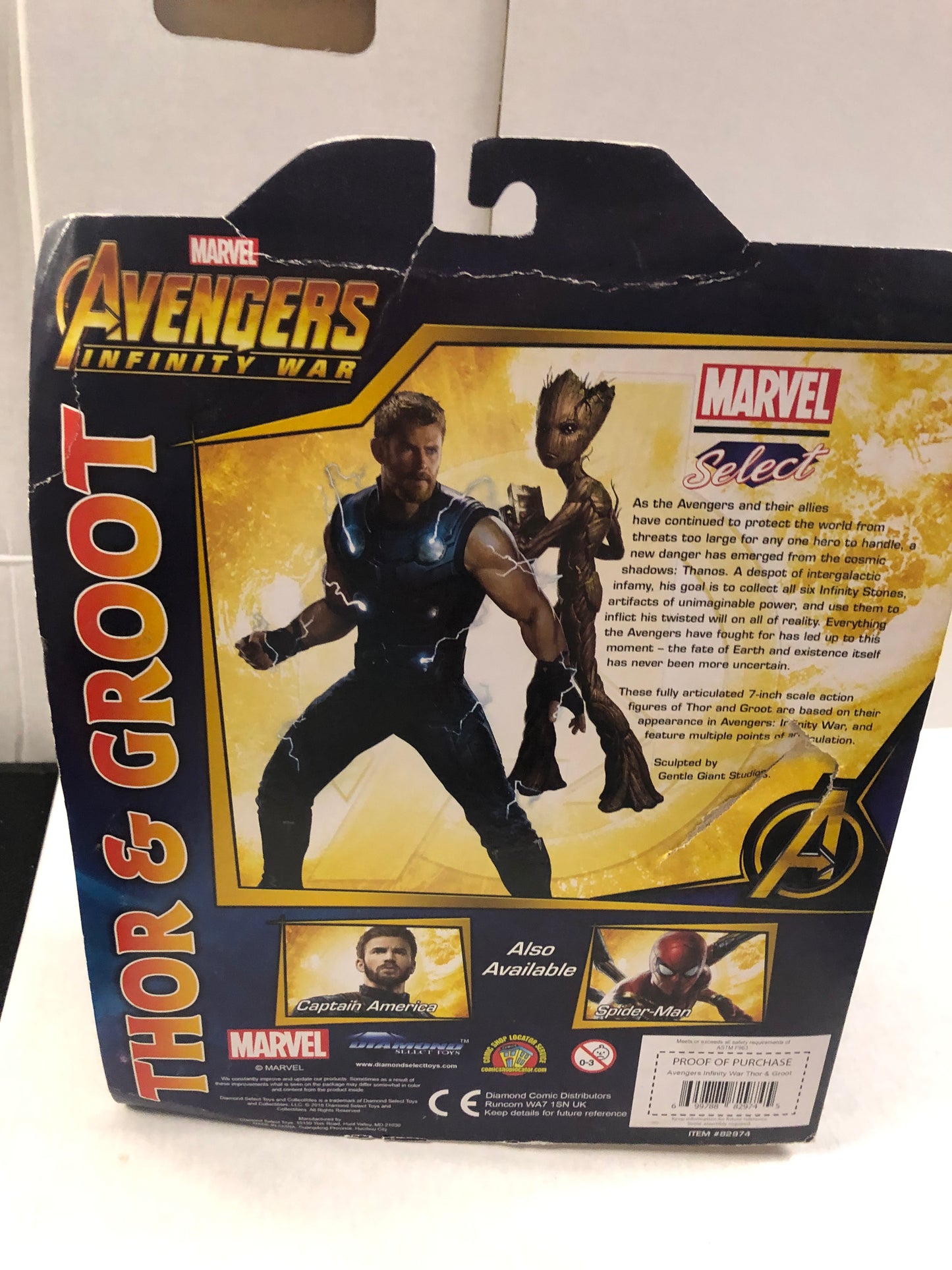 MARVEL SELECT AVENGERS INFINITY WAR THOR AND GROOT POOR CONDITION HOLE ONBACK OF BOX