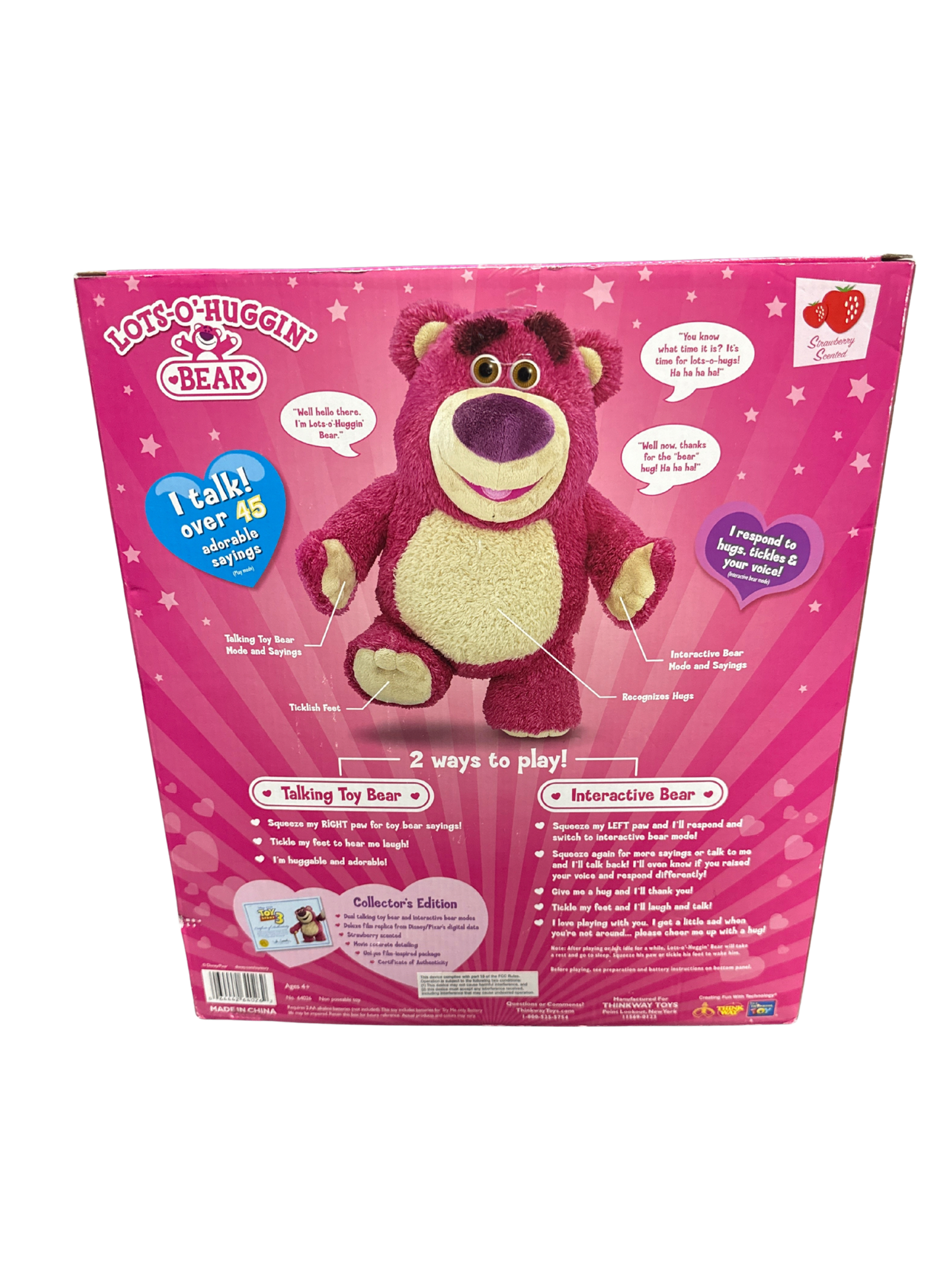 TOY STORY TALKING LOTS-O’-HUGGIN BEAR PLUSH STRAWBERRY SCENTED FROM THINK WAY DISNEY PIXAR