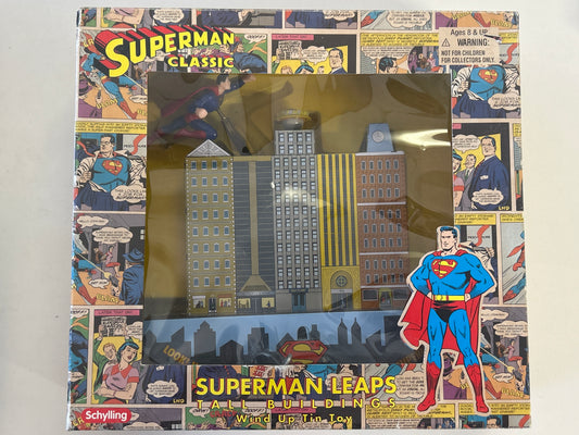 SCHYLLING DC SUPERMAN LEAPS TALL BUILDINGS WIND UP TIN TOY OPEN BOX LIGHT PLAY CONDITION