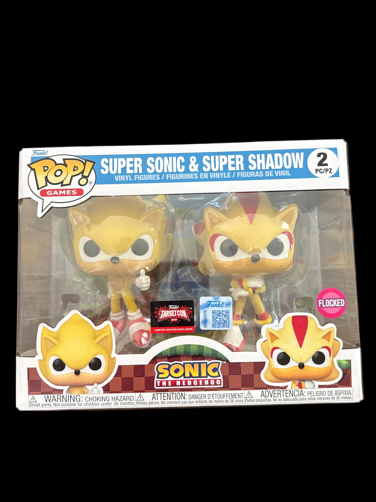 Funko pop sonic the hedgehog super sonic and super shadow Two pack flocked pop games ￼