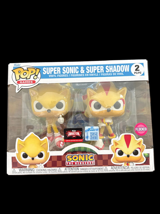 Funko pop sonic the hedgehog super sonic and super shadow Two pack flocked pop games ￼
