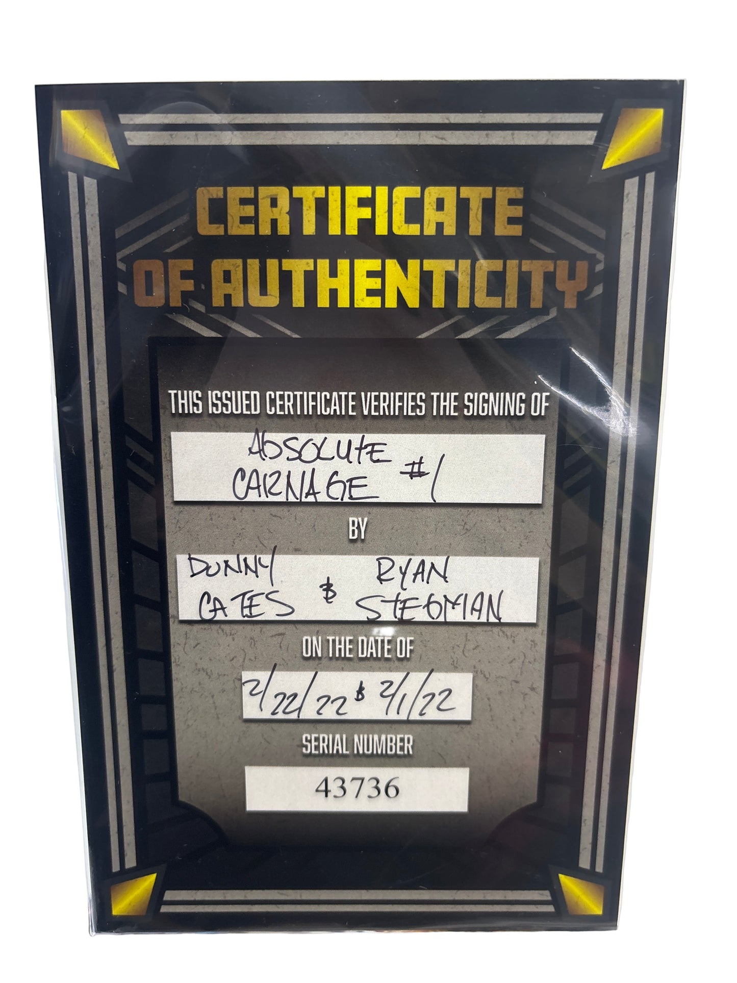 MARVEL ABSOLUTE CARNAGE #1 SIGNED BY DONNY CATES & RYAN STEGMAN WITH CERTIFICATE OF AUTHENTICITY