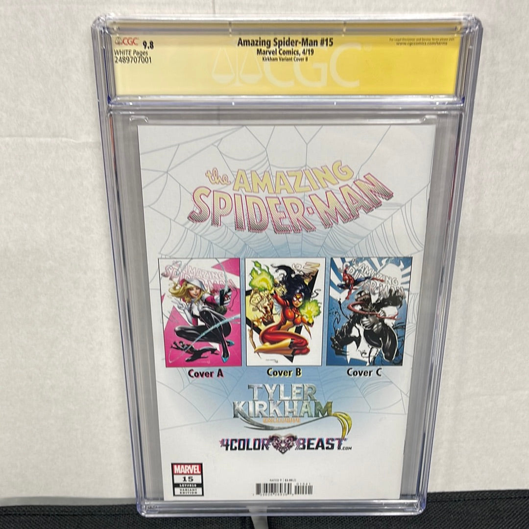 MARVEL COMICS AMAZING SPIDER-MAN 15 CGC 9.8 SIGNED BY TYLER KIRKHAM VARIANT COVER B