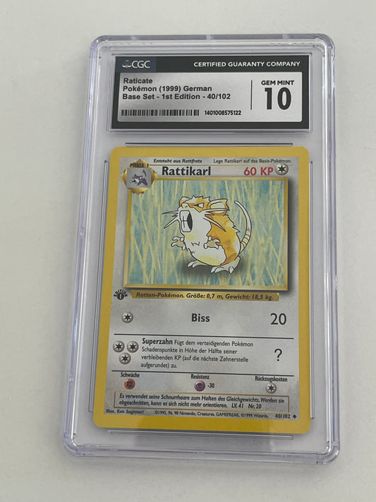 1999 POKEMON GERMAN RATICATE (RATTIKARL) 1st EDITION BASE SET CGC 10