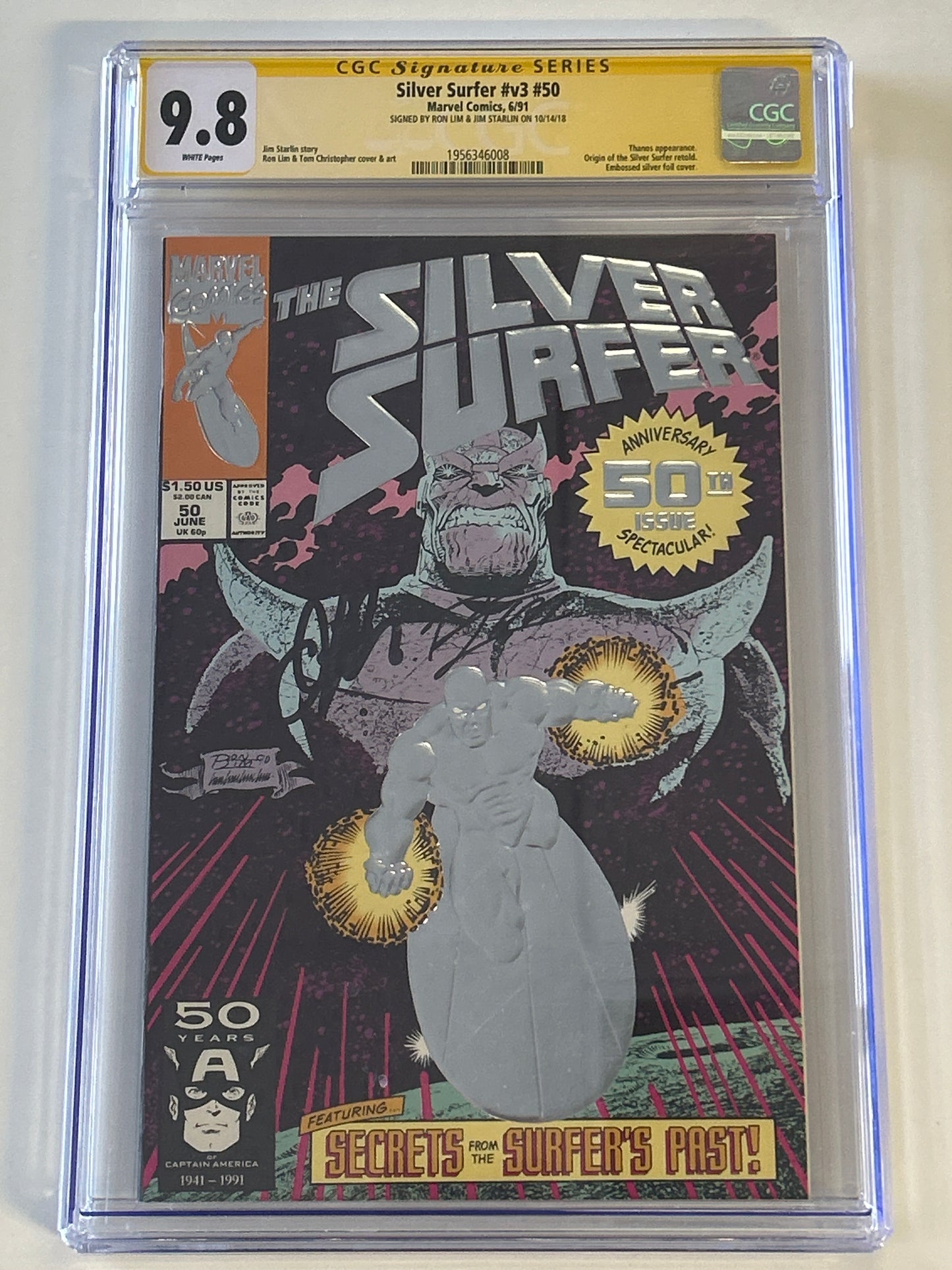 MARVEL COMICS SILVER SURFER #V3 #50 CGC 9.8 SIGNED BY RON LIM & JIM STARLIN