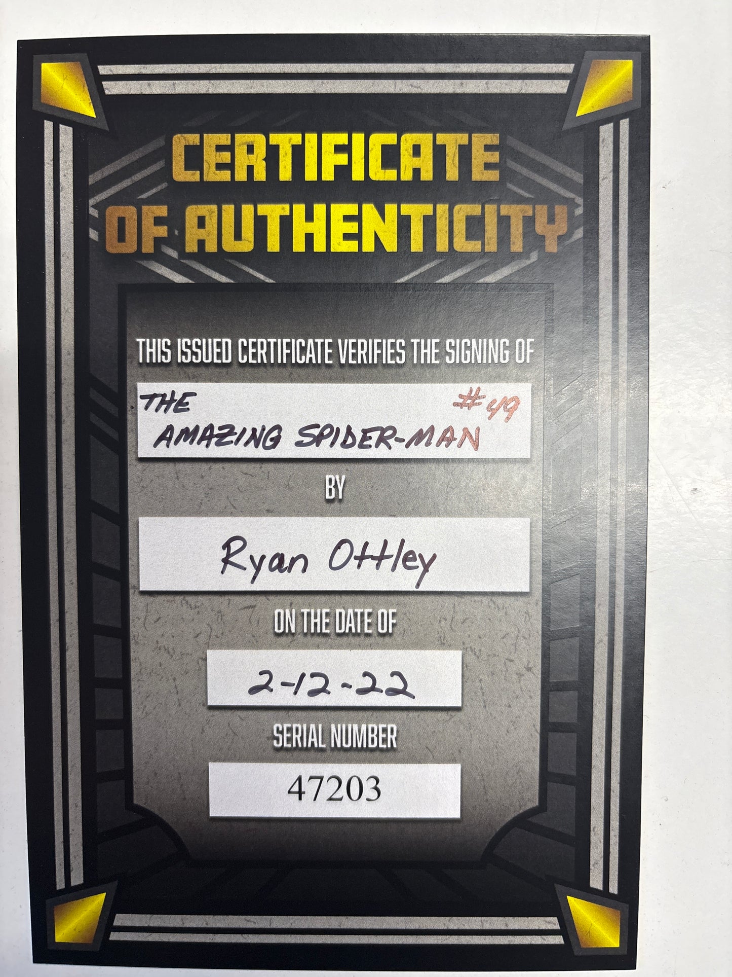 MARVEL THE AMAZING SPIDER-MAN #49 SIGNED BY RYAN OTTLEY WITH CERTIFICATE OF AUTHENTICITY