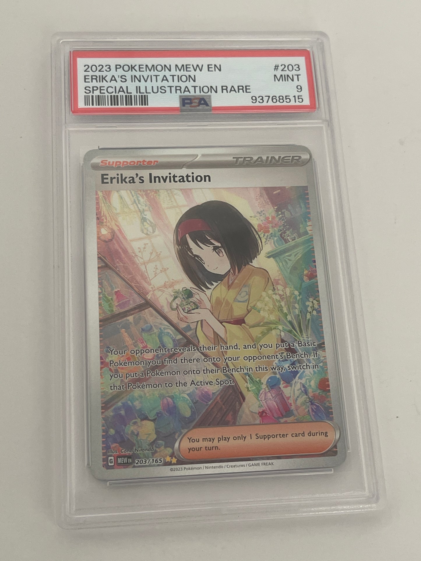 2023 POKEMON MEW EN ERIKA’S INVITATION SPECIAL ILLUSTRATION RARE PSA 9