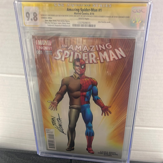 MARVEL COMICS, THE AMAZING SPIDER-MAN #1 (2014), ROMITA’S C.O.B.R.A. VARIANT, SS CGC 9.8 WP, SIGNED 3x BY: JOHN ROMITA, DAN SLOTT & HUMBERTO RAMOS!!