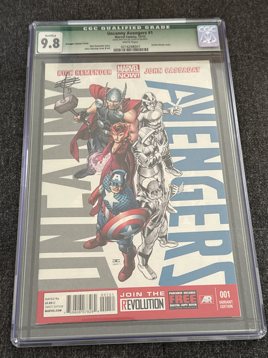 MARVEL COMICS UNCANNY AVENGERS #1 PARTIAL SKETCH COVER CGC 9.8 QUALIFIED SIGNED BY RICK REMENDER