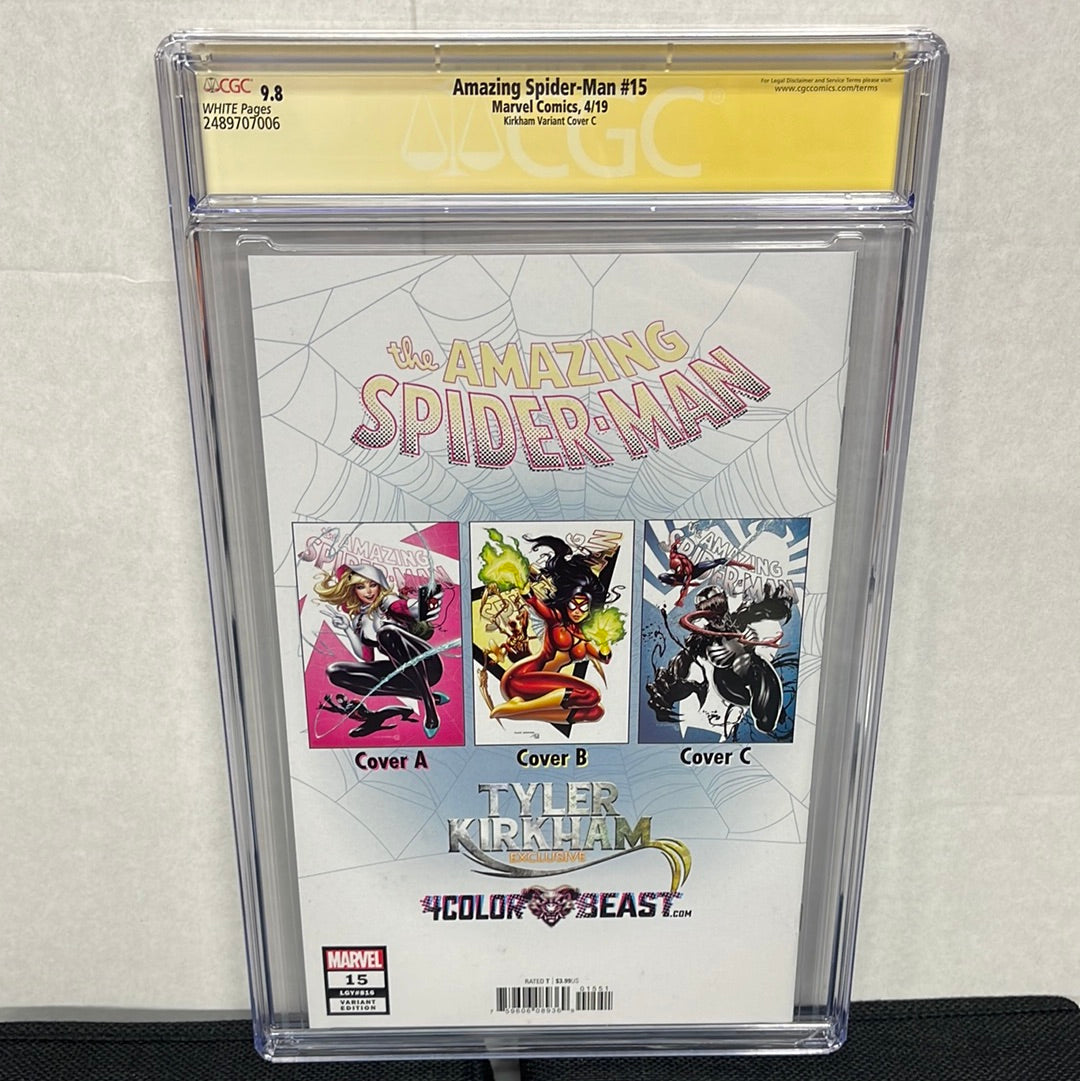 AMAZING SPIDER-MAN #15 SS CGC 9.8 (HTF TYLER KIRKHAM C VARIANT & SIGNED BY KIRKHAM!)