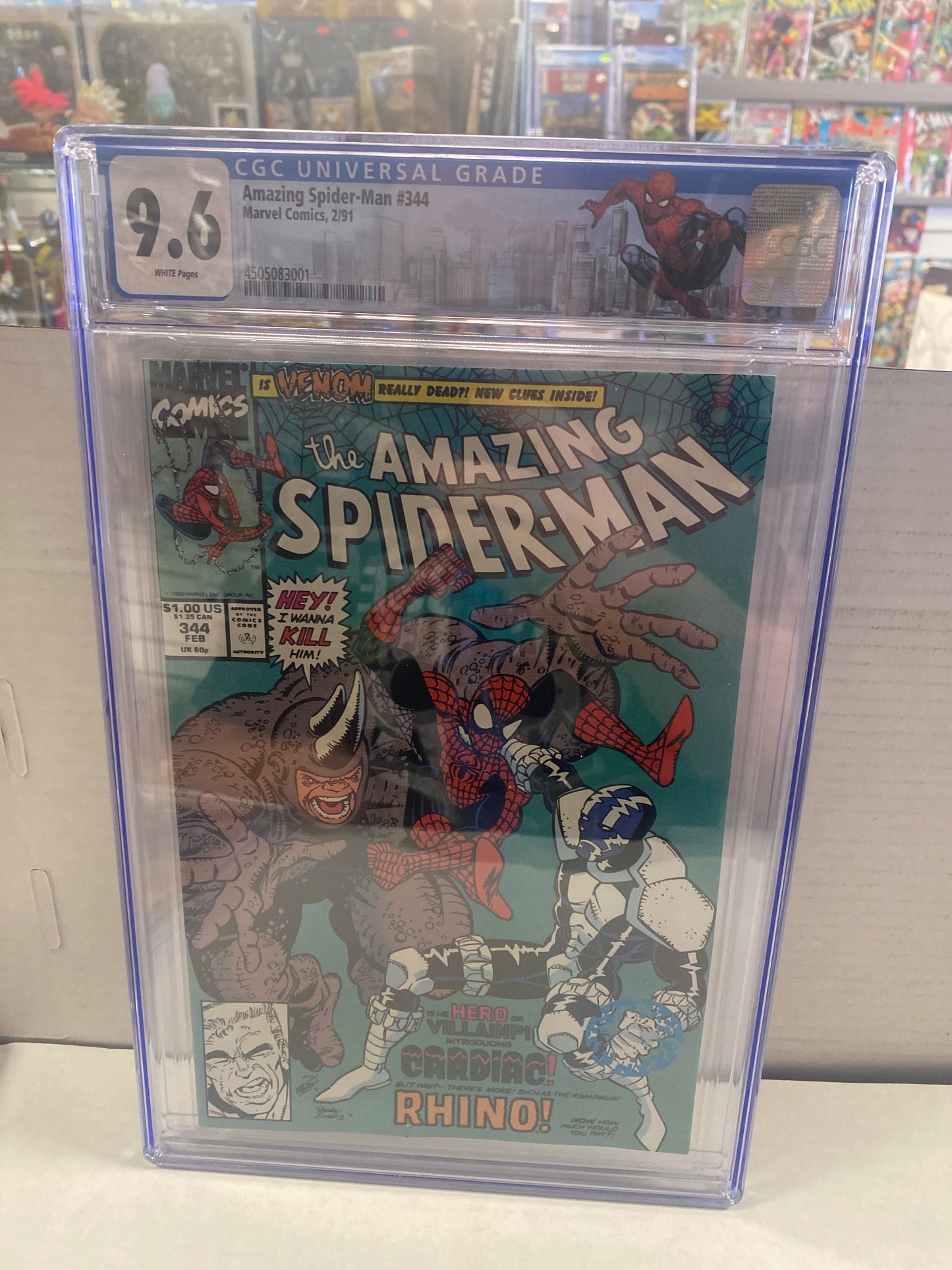 MARVEL COMICS THE AMAZING SPIDER-MAN #344(1991) 1ST APPEARANCE OF CLETUS KASADY AND 1ST FULL APPEARANCE OF CARDIAC CGC 9.6  WP CUSTOM LABEL