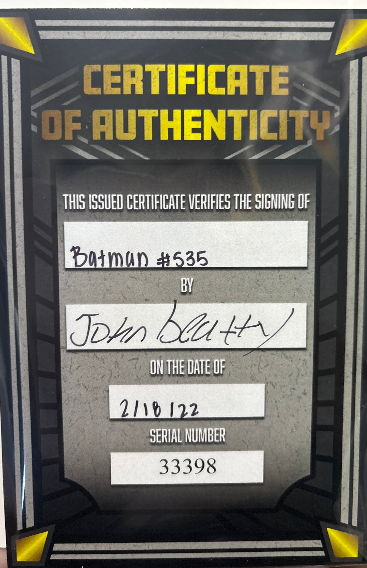 DC BATMAN #1 1/1 SIGNED BY JOHN BEATTY WITH CERTIFICATE OF AUTHENTICITY