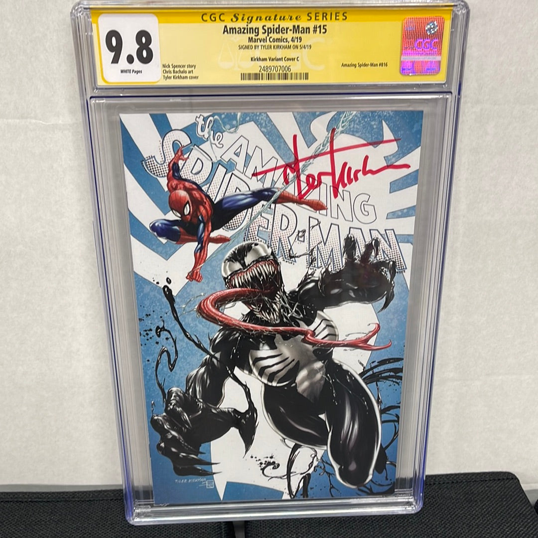 AMAZING SPIDER-MAN #15 SS CGC 9.8 (HTF TYLER KIRKHAM C VARIANT & SIGNED BY KIRKHAM!)