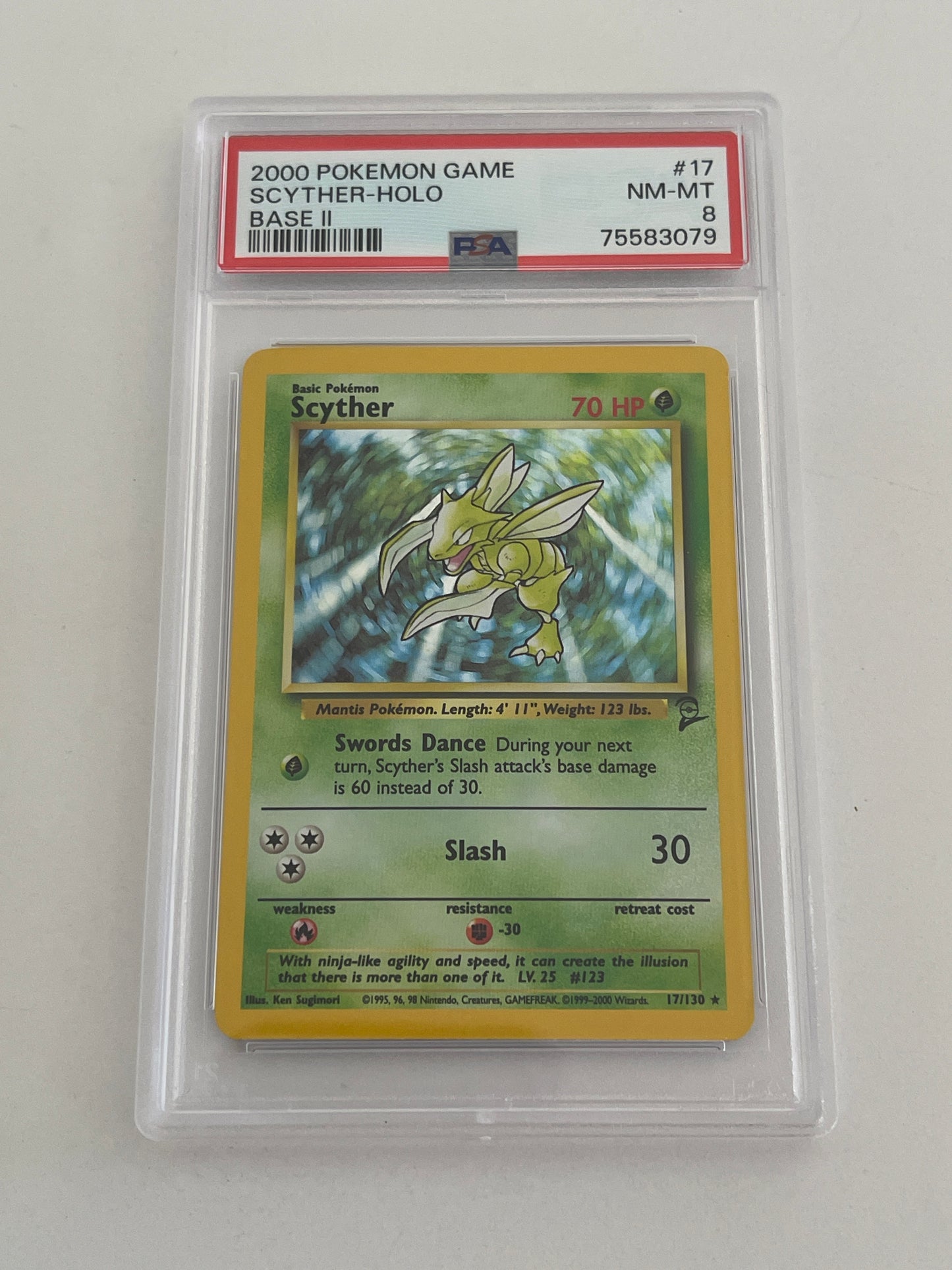 2000 POKEMON GAME SCYTHER HOLO BASE 2 PSA 8