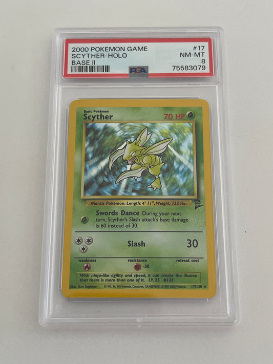 2000 POKEMON GAME SCYTHER HOLO BASE 2 PSA 8