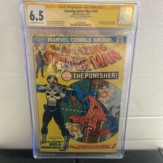 1st PUNISHER APPEARANCE! MARVEL COMICS, THE AMAZING SPIDER-MAN #129 (1974), HTF MARK JEWELERS 💎 VARIANT, SS CGC 6.5 OW/W, SIGNED BY: ROY THOMAS!!