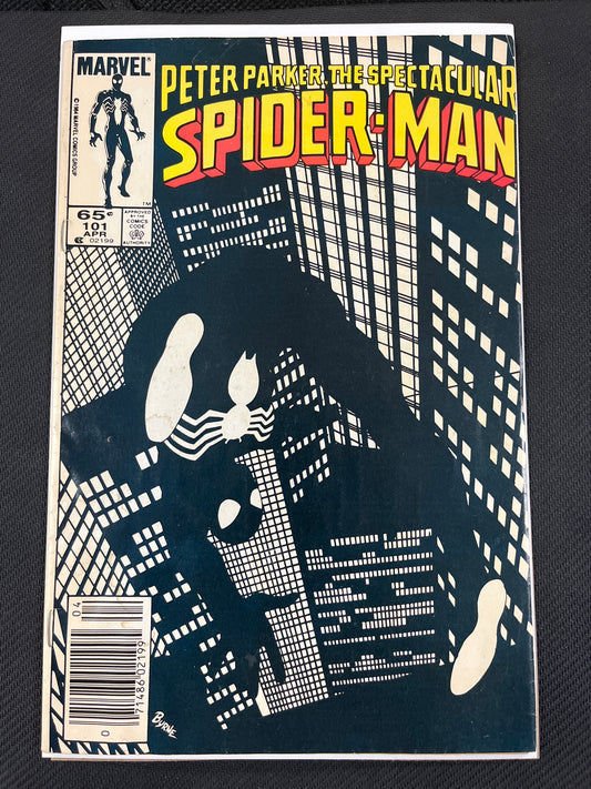 PETER PARKER, THE SPECTACULAR SPIDER-MAN #101 FINE+ (1985, NEWSSTAND KEY BLACK SUIT COVER)