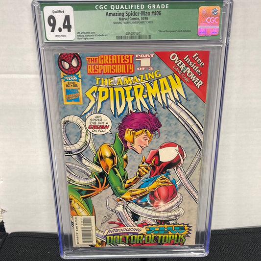 AMAZING SPIDER-MAN #406 CGC 9.4 (QUALIFIED GRADE BC NO OVERPOWERED CARD INSERT, 1st APPEARANCE OF LADY DOC OCK!)