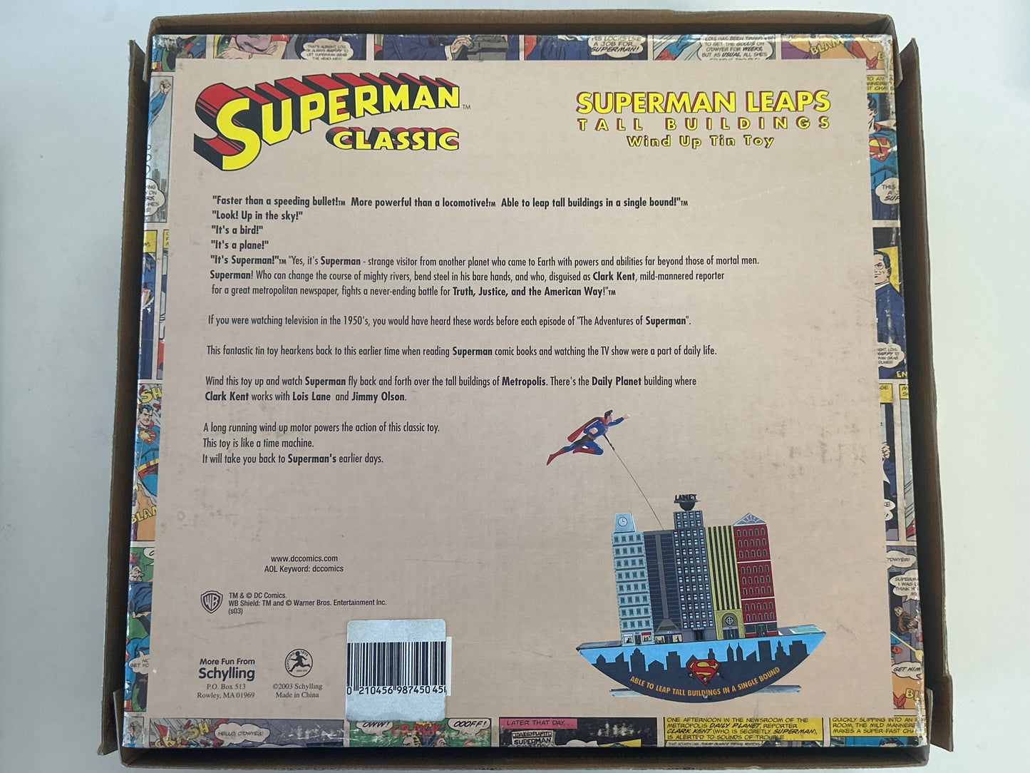 SCHYLLING DC SUPERMAN LEAPS TALL BUILDINGS WIND UP TIN TOY OPEN BOX LIGHT PLAY CONDITION