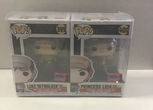 NYCC 2020 LIMITED EDITION STAR WARS JEDI TRAINING FUNKO POPS 2x (#399 LUKE SKYWALKER & #400 PRINCESS LEIA) HTF ~ IN PROTECTOR