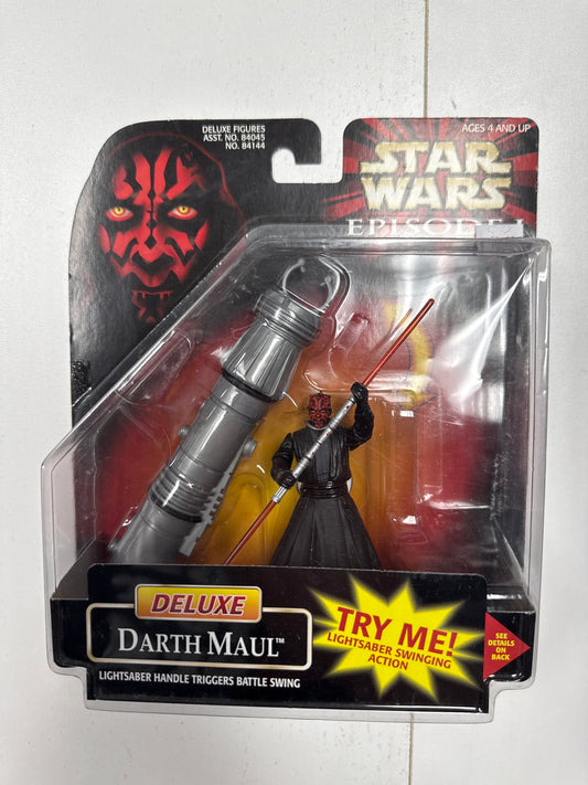 STAR WARS EPISODE 1 DELUXE DARTH MAUL W LIGHTSABER HANDLE AND BATTLE SWING re attached card