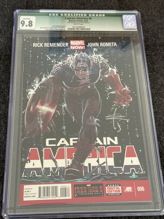 MARVEL COMICS CAPTAIN AMERICA #006 CGC 9.8 QUALIFIED SIGNED BY RICK REMENDER
