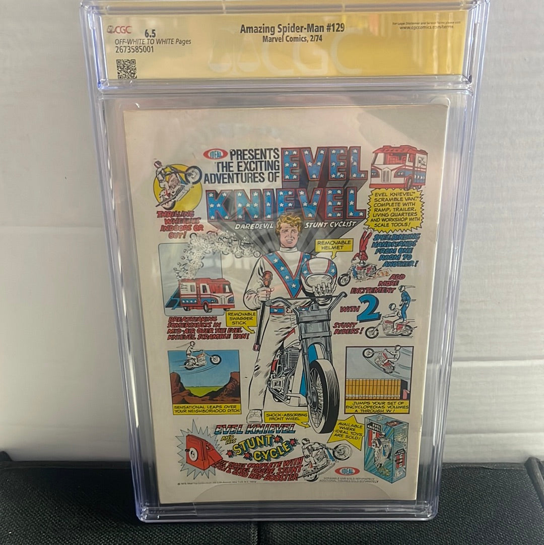1st PUNISHER APPEARANCE! MARVEL COMICS, THE AMAZING SPIDER-MAN #129 (1974), HTF MARK JEWELERS 💎 VARIANT, SS CGC 6.5 OW/W, SIGNED BY: ROY THOMAS!!
