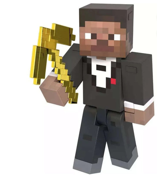 MOJANG MATTEL MINECRAFT 15 YEAR ANNIVERSARY STEVE WITH 24k PICKAXE, Tuxedo & CAPE