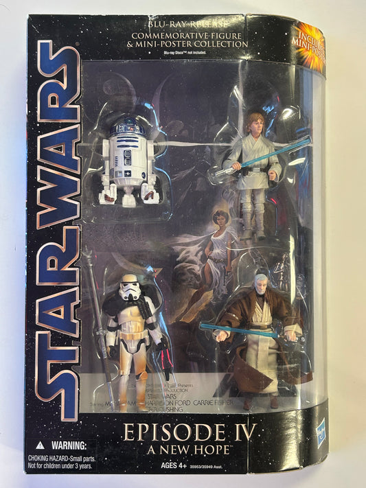HASBRO STAR WARS EPISODE IV A NEW HOPE BLU-RAY COMMEMORATIVE FIGURES & POSTER NEW IN BOX NEAR MINT