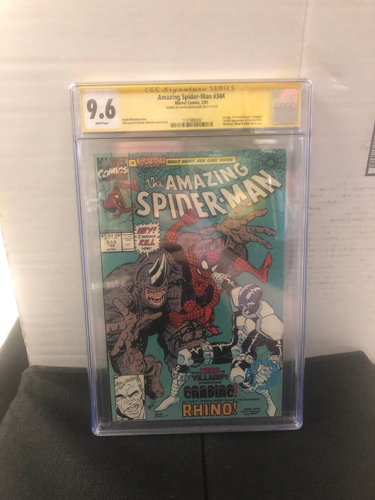 MARVEL COMICS AMAZING SPIDER-MAN #344 (1991), 1ST APPEARANCE OF CLETUS KASADY, SIGNED BY: DAVID MICHELINIE, SS CGC 9.6 WP