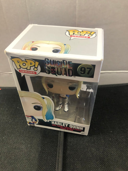 FUNKO POP POP HEROES SUICIDE SQUAD #97 HARLEY QUINN OKAY CONDITION SLIGHT TEAR ON FRONT OF BOX