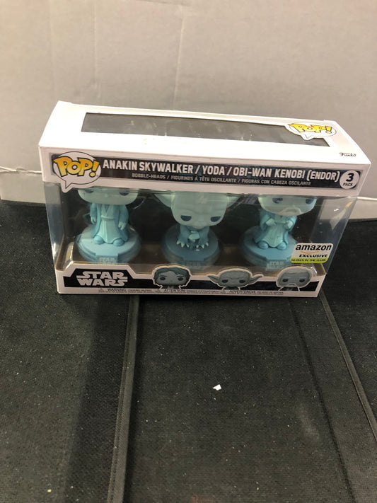 FUNKO POP STAR WARS 3 pack ANAKIN SKYWALKER/ YODA/OBI-WAN KENOBI ENDOR AMAZON EXCLUSIVE GLOW IN THE DARK GOOD CONDITION