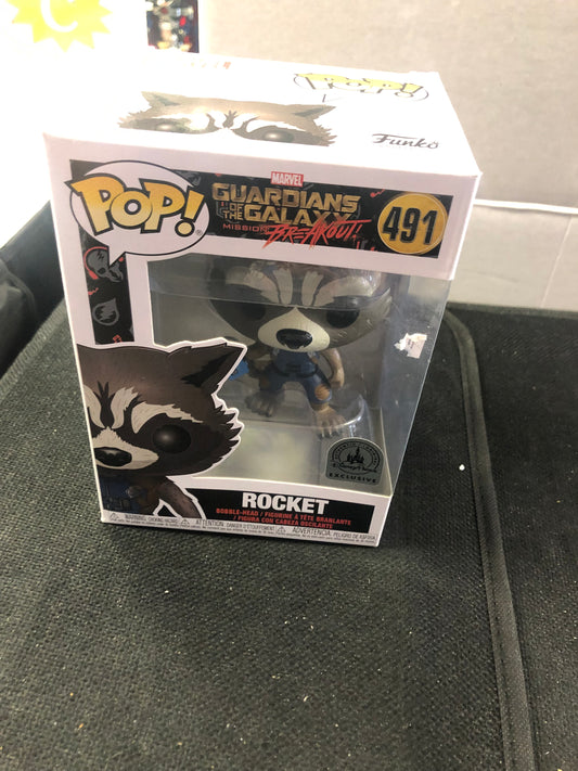 FUNKO POP GUARDIANS OF THE GALAXY MISSION BREAKOUT # 491 ROCKET DISNEY PARKS EXCLUSIVE GOOD CONDITION