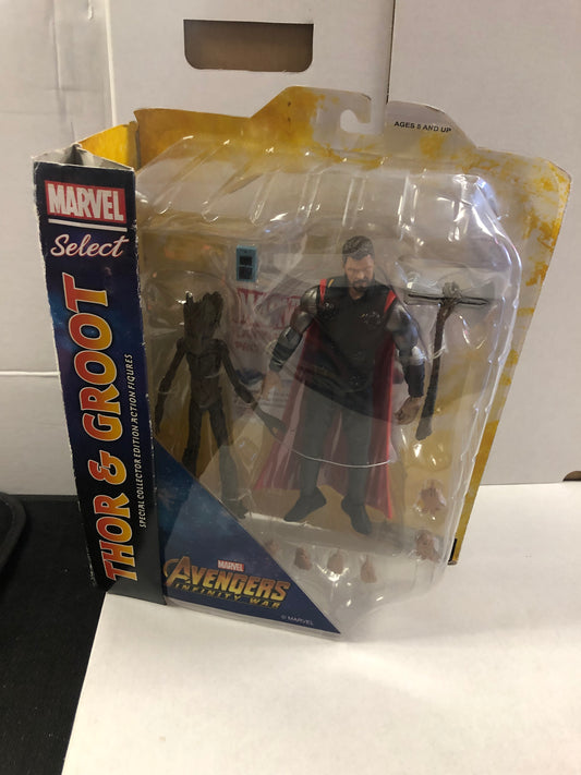 MARVEL SELECT AVENGERS INFINITY WAR THOR AND GROOT POOR CONDITION HOLE ONBACK OF BOX