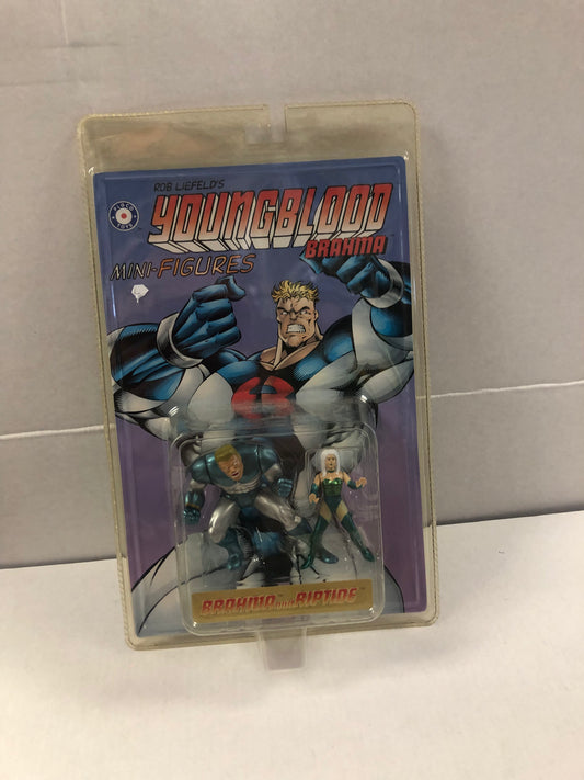 PLACO TOYS YOUNGBLOOD BRAHMA MINI FIGURES BRAHMA AND RIPTIDE OKAY CONDITION YELLOWING ON PACKAGE