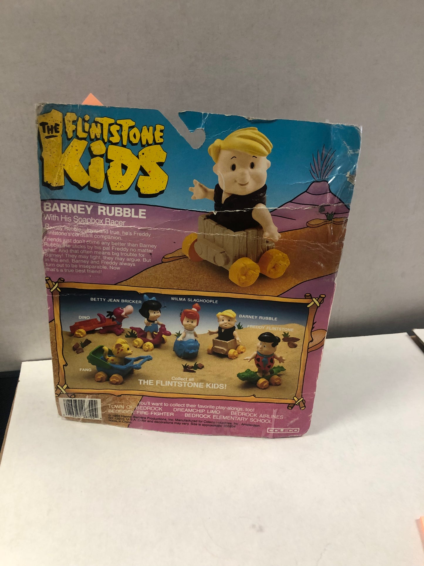 COLECO THE FLINTSTONES KIDS BARNEY RUBBLE WITH HIS SOAPBOX RACER POOR CONDITION BOX TAPED AND MULTIPLE TEARS ON BOX